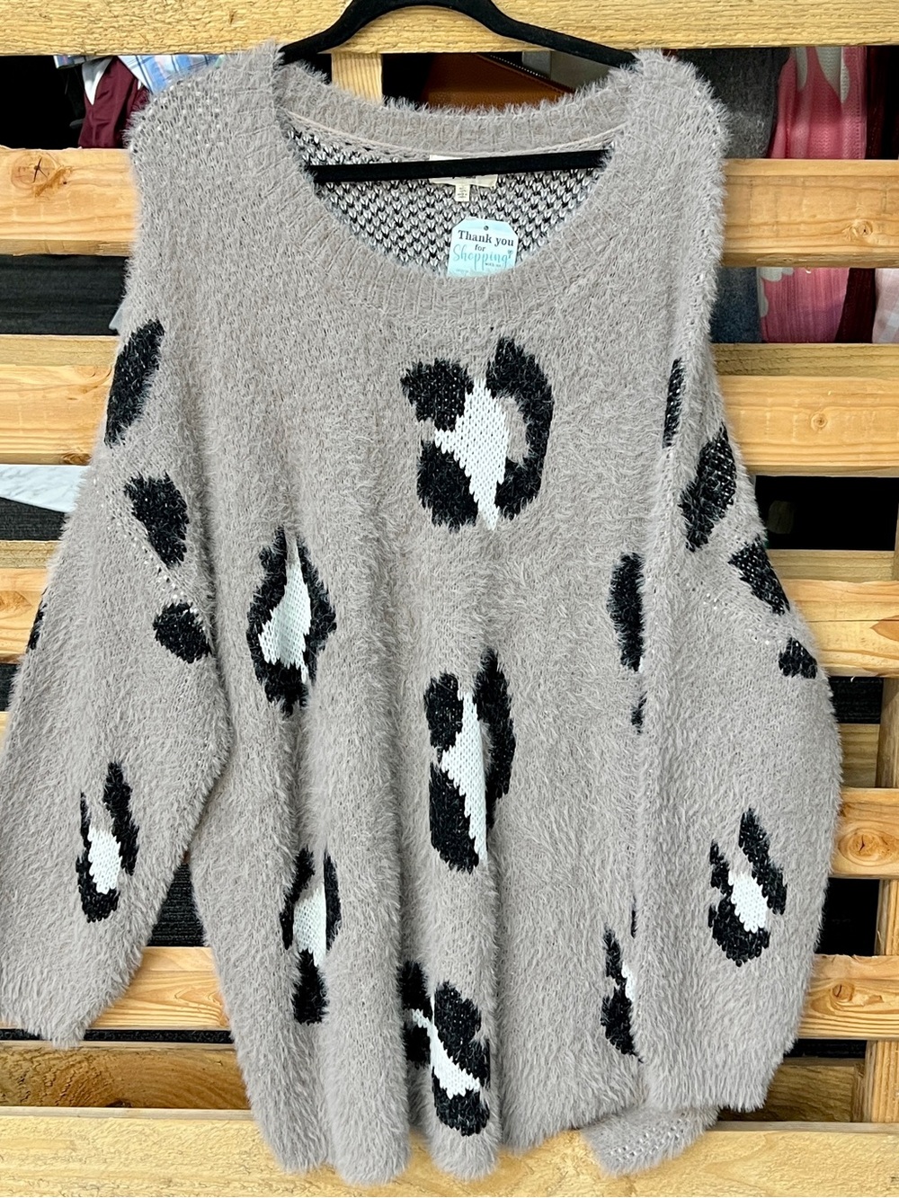 Fuzzy Leopard-Print Scoopneck Sweater in Taupe by Thank You